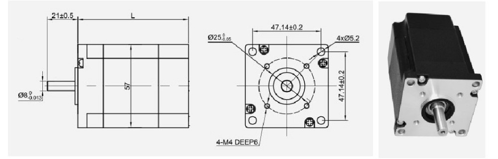Technical drawing of 57mm brushless motor showing mounting dimensions and shaft details
