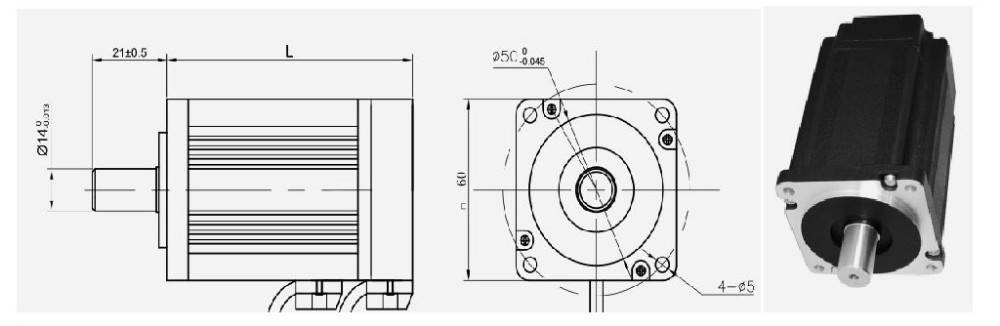 Technical drawing of 60mm brushless motor showing dimensions
