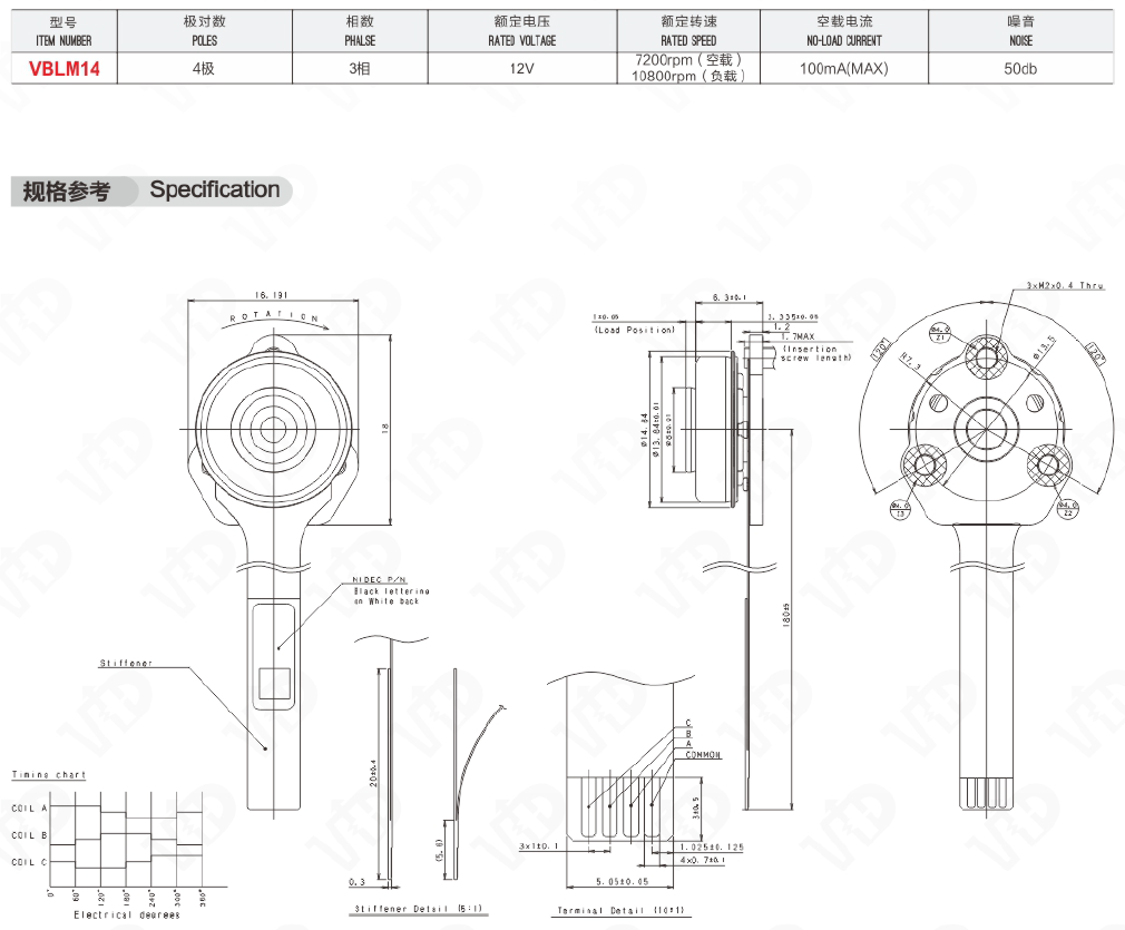 Technical drawing and specifications for VBLM14 Brushless DC Motor