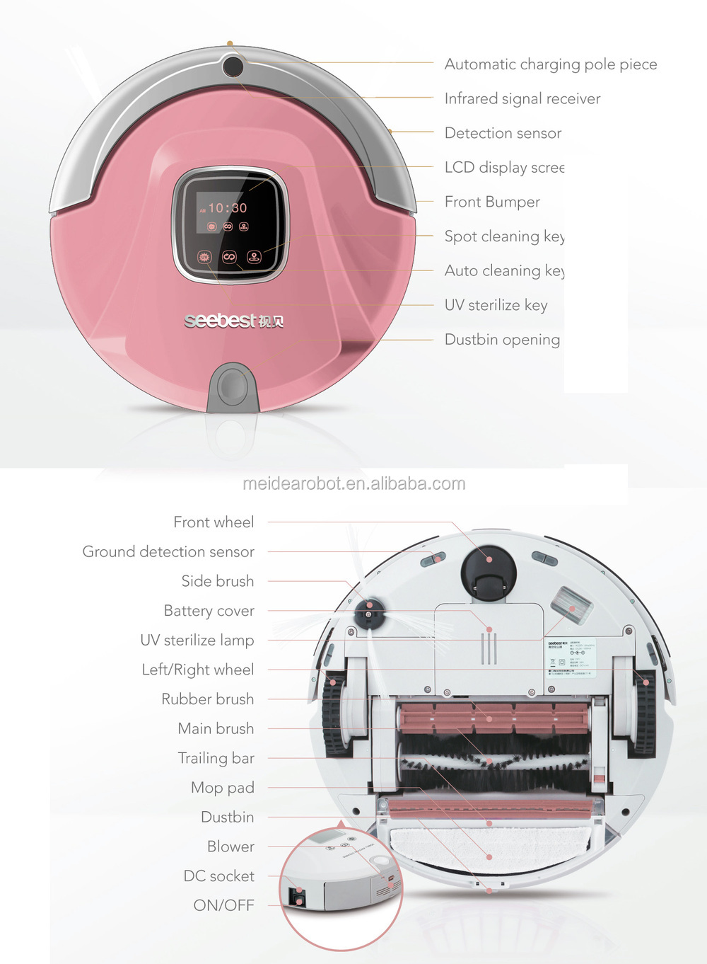 Diagram of robot vacuum components including sensors and brushes