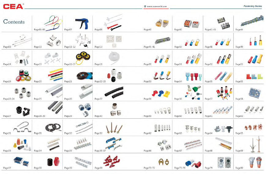 Comprehensive catalog overview of fastening series including various cable lugs and ferrules.