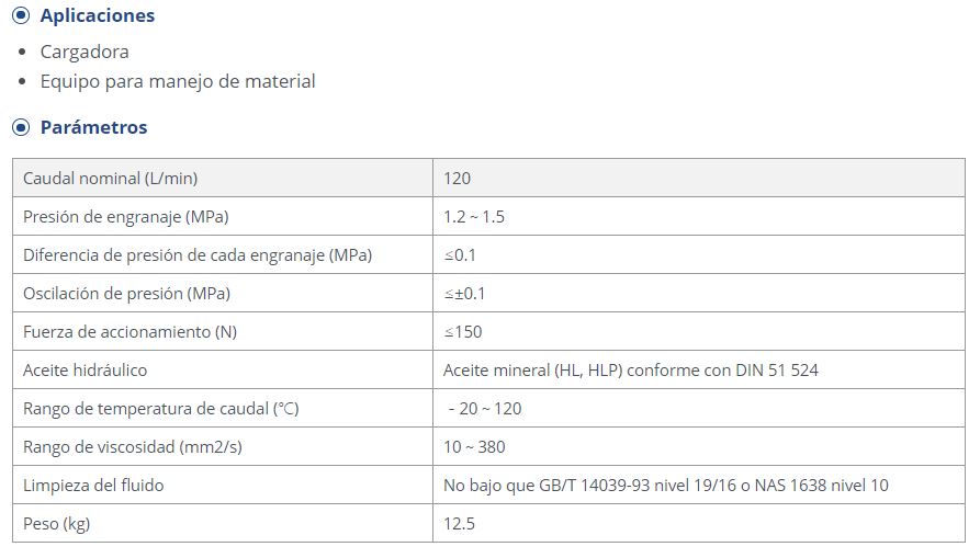 Technical parameters and application list for hydraulic valve block