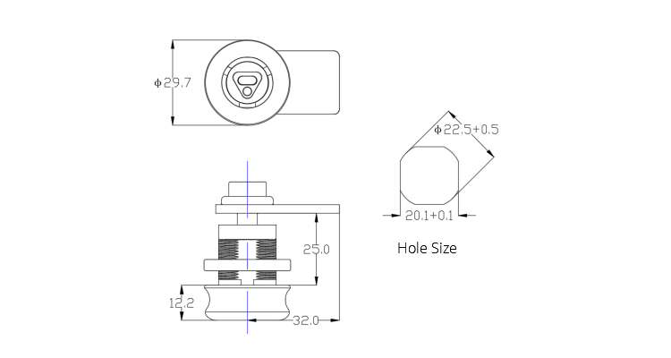 Technical drawing showing cam lock dimensions