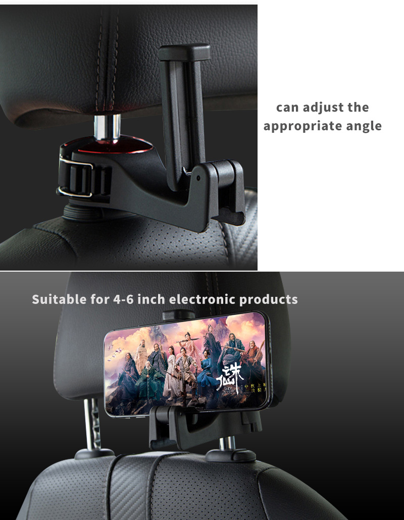Adjustable car headrest hook with integrated phone holder