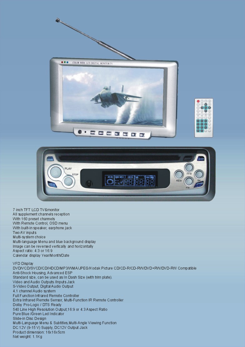 In-Dash Car DVD Player with 7-Inch TFT Monitor