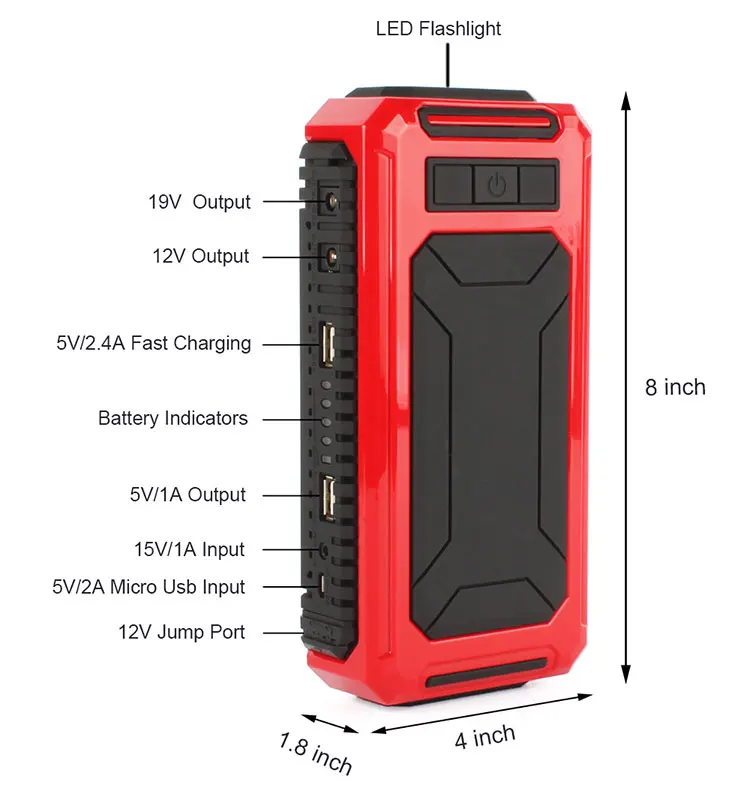 Diagram of jump starter ports and dimensions