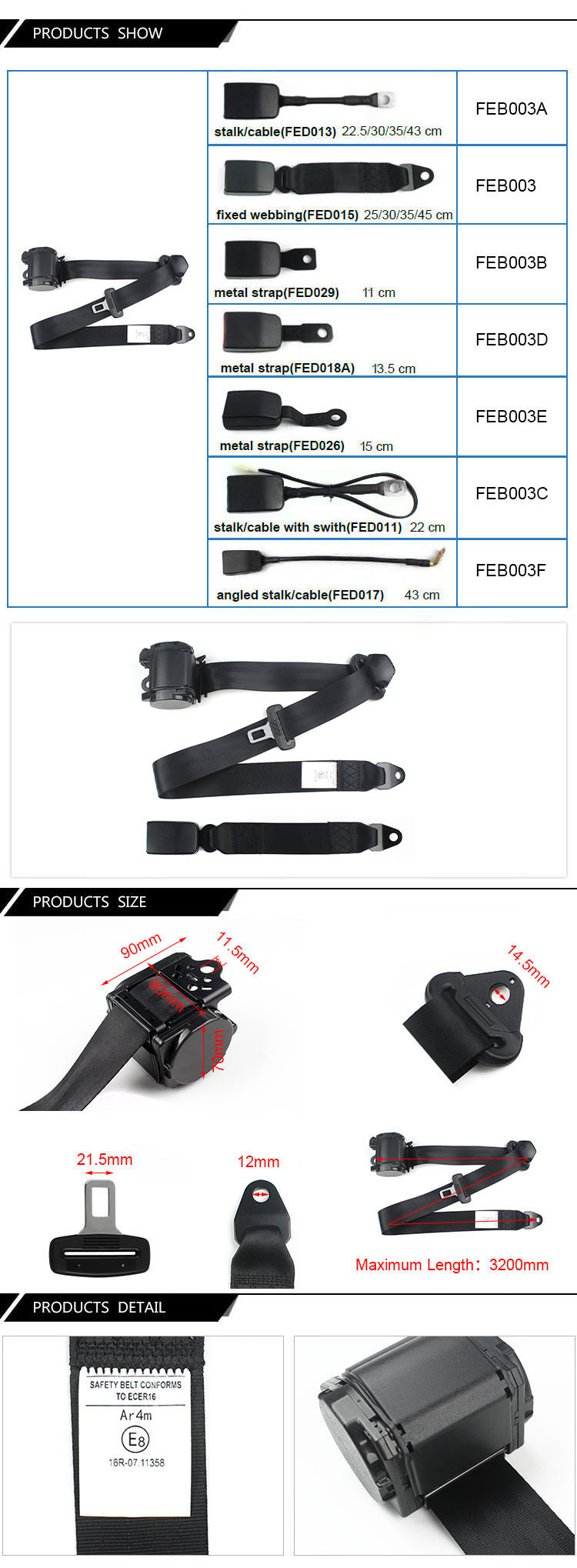 Product showcase of the 3-point ELR seatbelt with certification details.