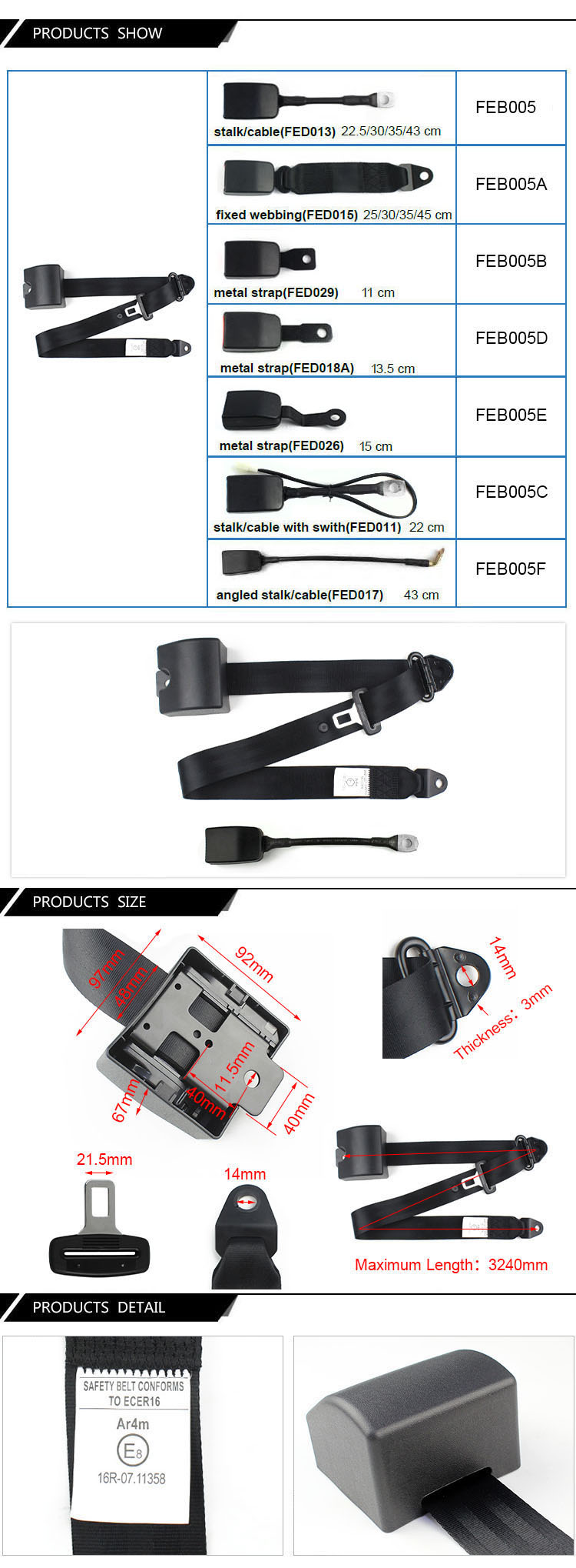 Technical diagram showing various buckle and stalk configurations for the safety belt system.