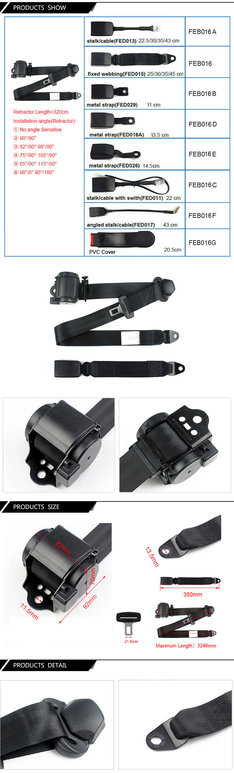 Detailed dimensions and installation angle sensitivity chart for the 3-point retractor.