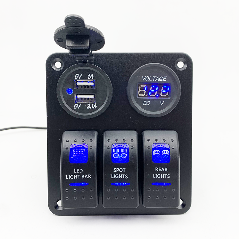 Front view of switch panel showing USB ports and voltmeter