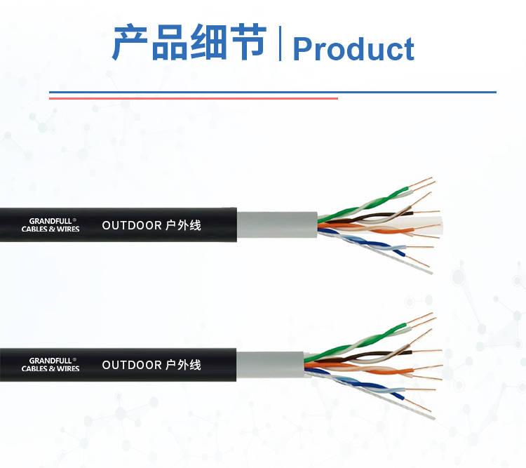 Close-up of Cat5e outdoor cable showing internal twisted pairs and double jacket construction