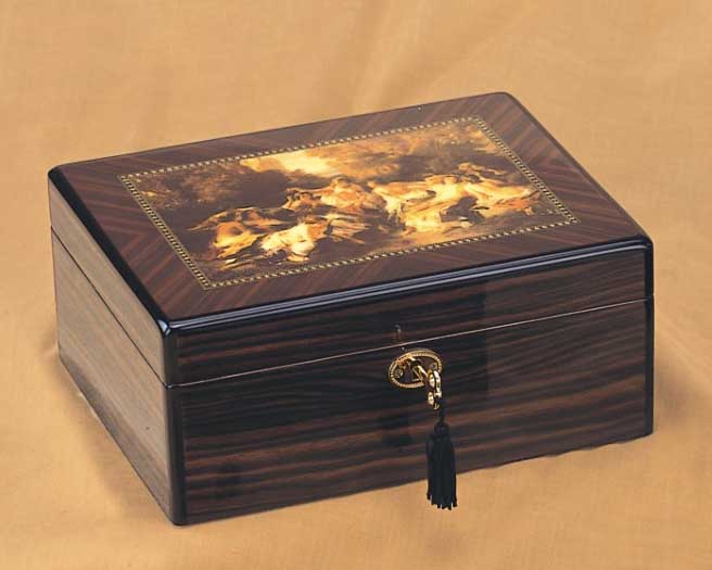 Inlaid Wood Veneer Music Box with Lock and Key