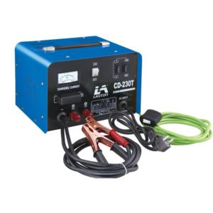Close-up of the CD-230T battery charger interface showing the ammeter and control switches