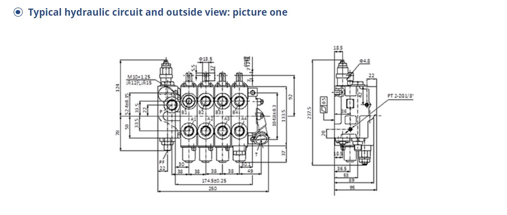 Dimensional drawing of sectional control valve