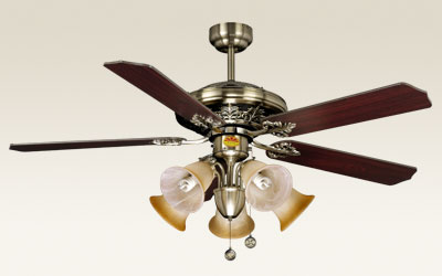 Antique Brass Finish Ceiling Fan with Wooden Blades and Amber Lights