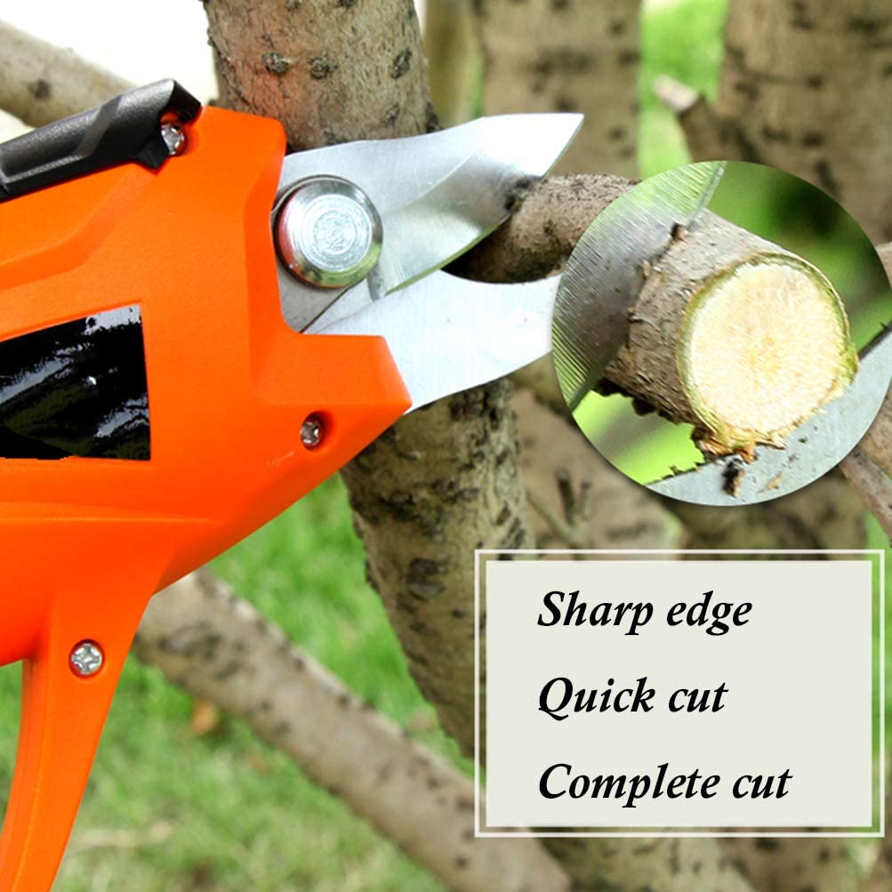 Close-up of the Japanese SK5 steel blades performing a clean cut on a branch.