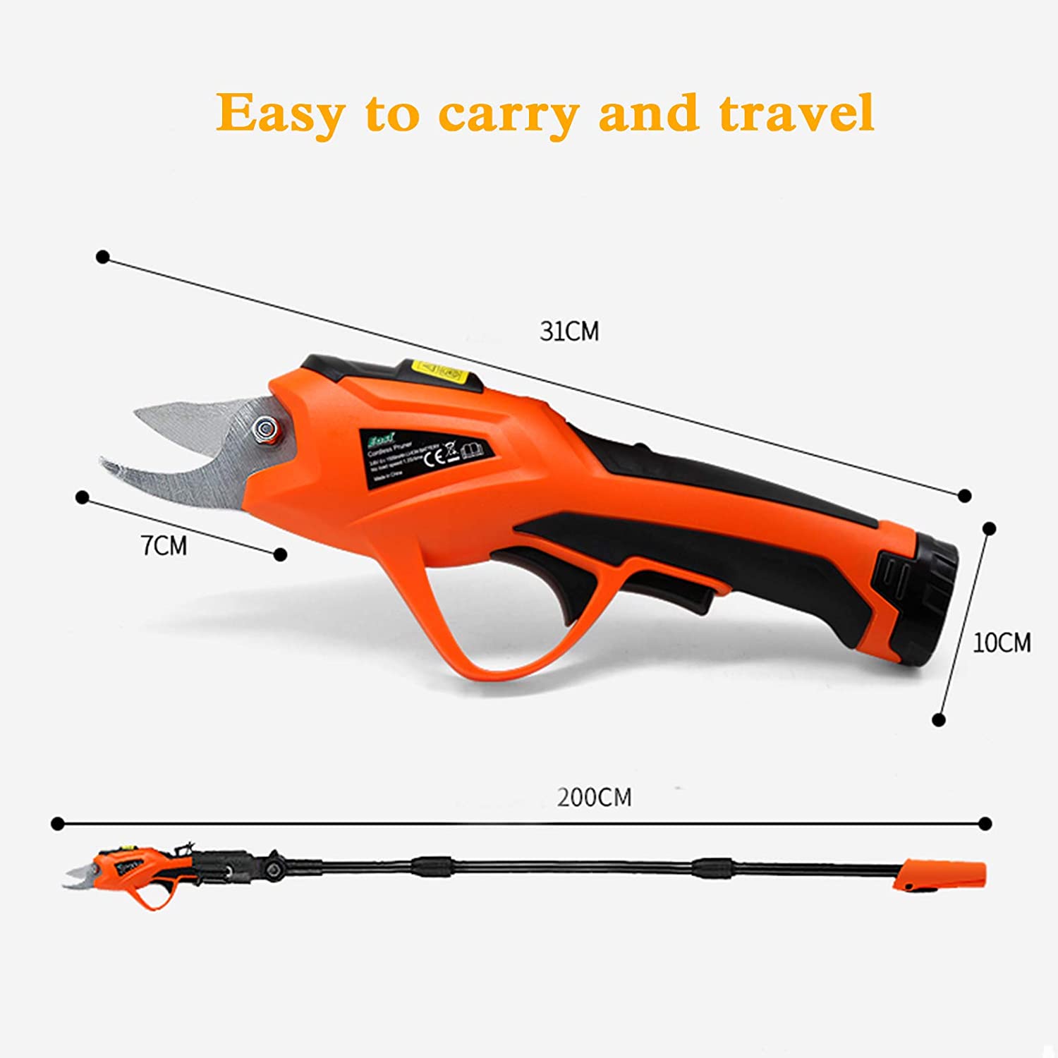Diagram showing the pruning shears with and without the extension pole.