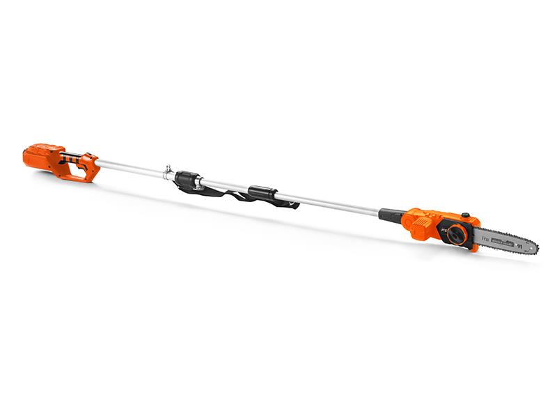 Cordless telescopic pole chainsaw in use for branch lopping