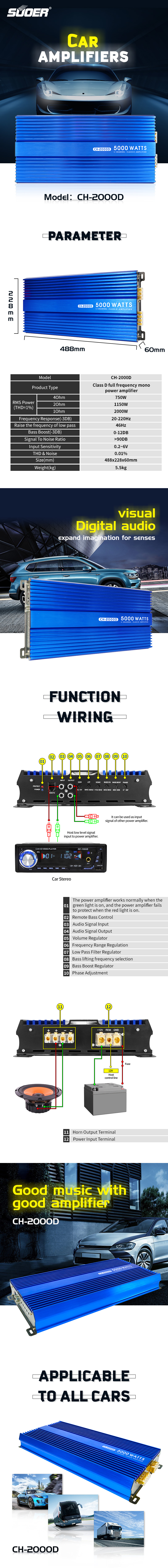 Technical diagram and specifications for the 5000W Class D Monoblock Amplifier
