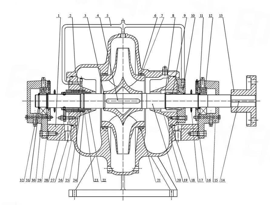 Technical drawing of double suction split case pump