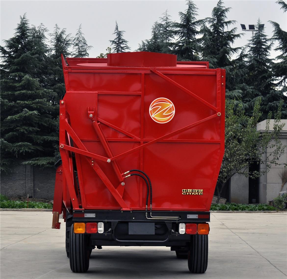 Rear view of harvester showing support structure and lighting
