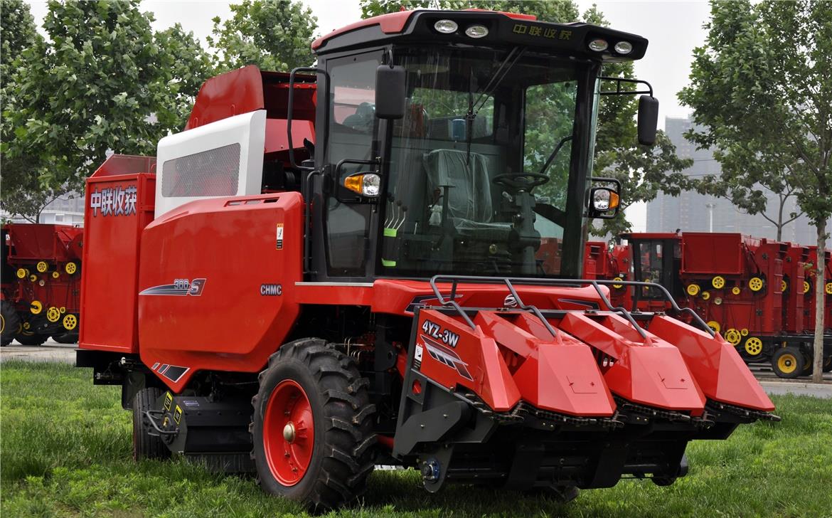 Rear view of the harvester showing the grain tank and chassis