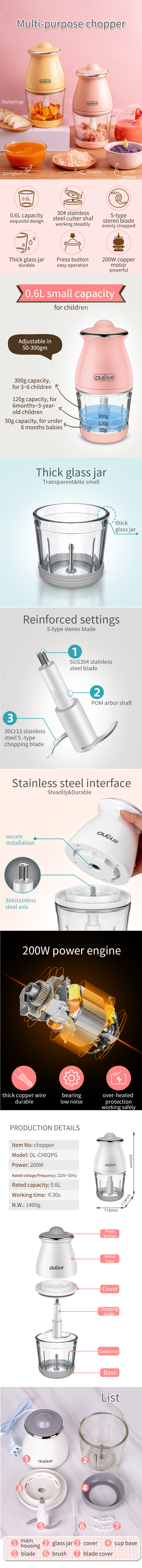 Detailed view of the 0.6L electric food chopper components and specifications
