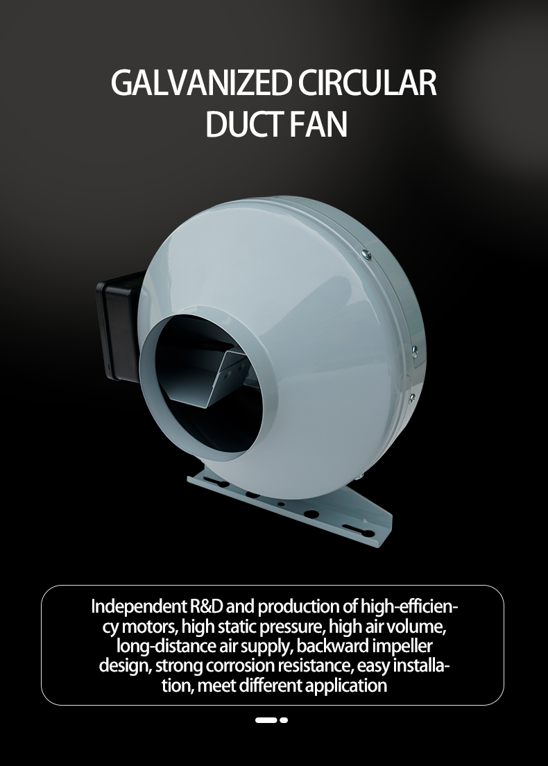 Galvanized circular duct fan showcasing high-efficiency motor and backward impeller design.