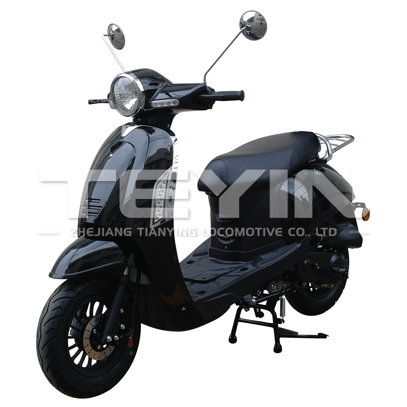 Side profile of the black City Scooter showing retro design and chrome mirrors
