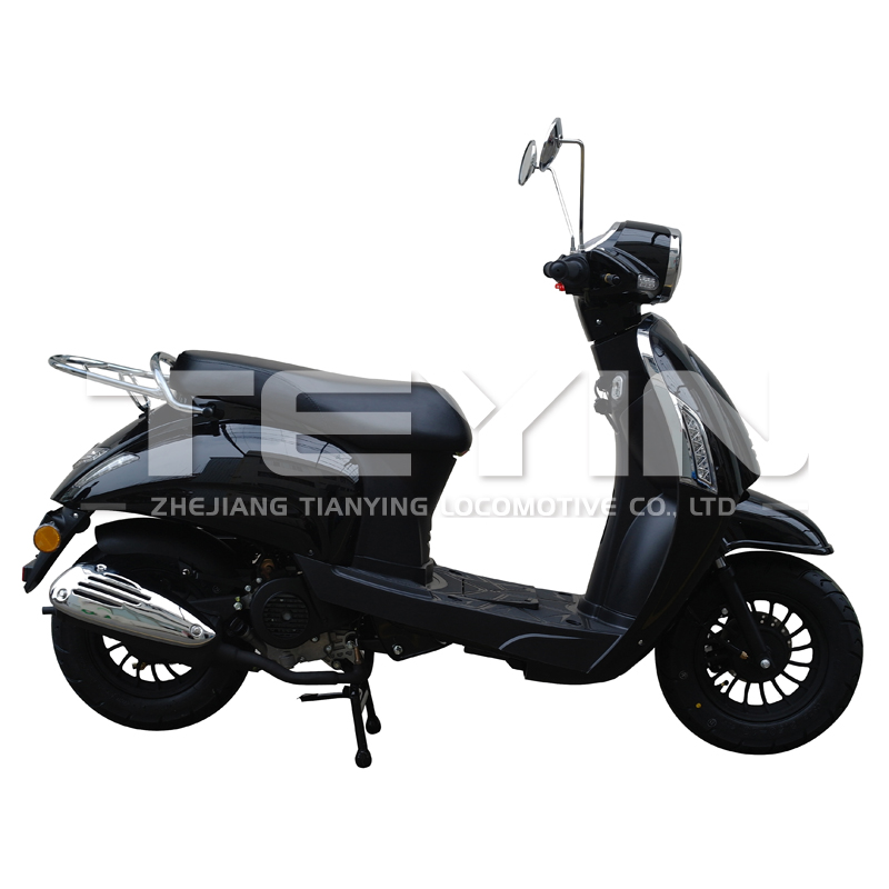 Front view of the scooter showing the headlight and front disc brake assembly