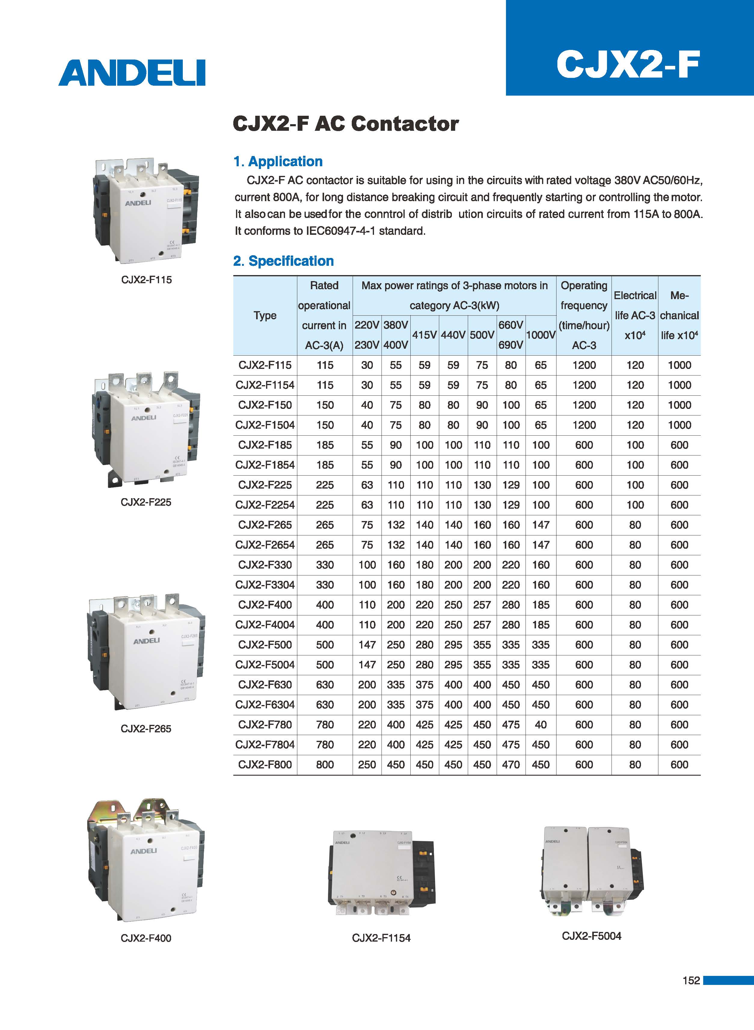 Technical specification table and application details for CJX2-F AC Contactor