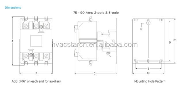 Dimensional drawing for 75-90 Amp contactors