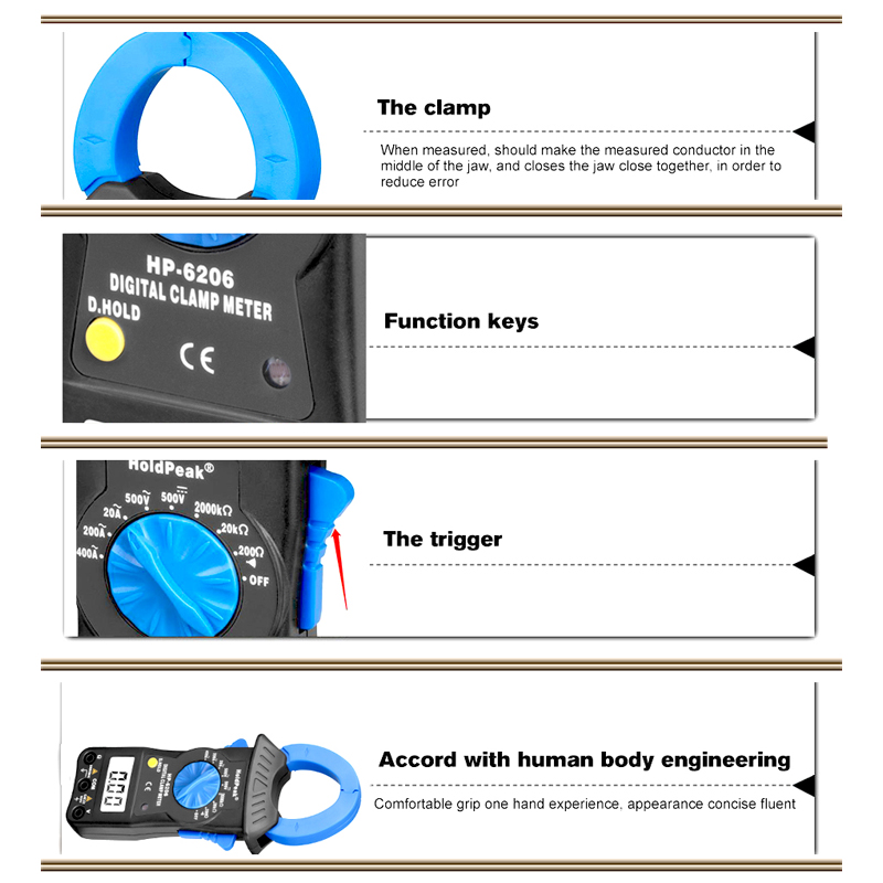 Ergonomic design of the digital clamp meter showing one-hand operation