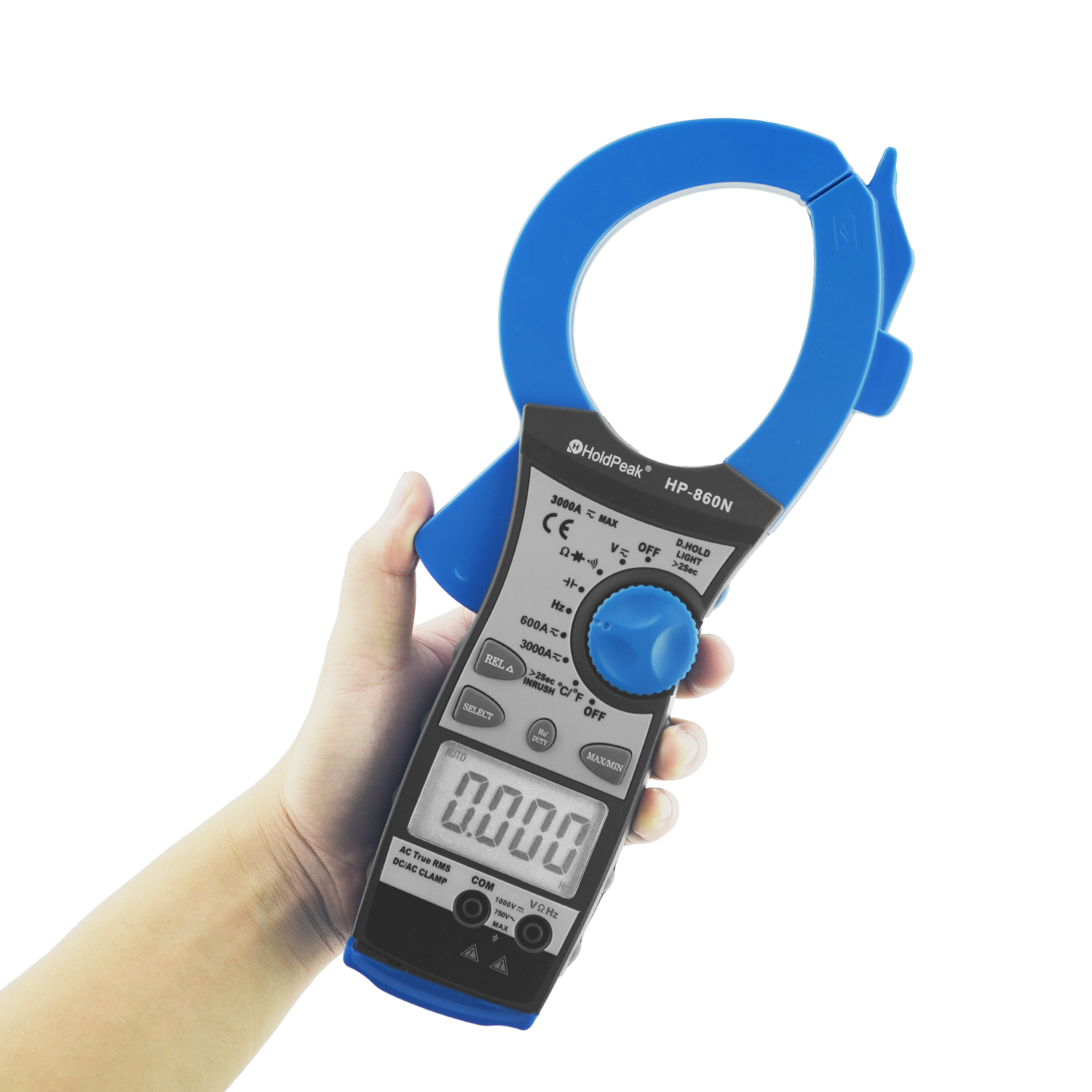 Close up of the clamp meter jaw and display