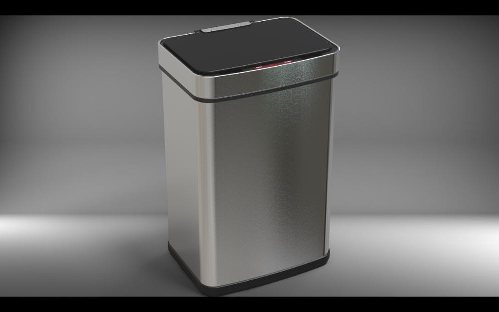 Three-quarter view of the rectangular stainless steel sensor bin