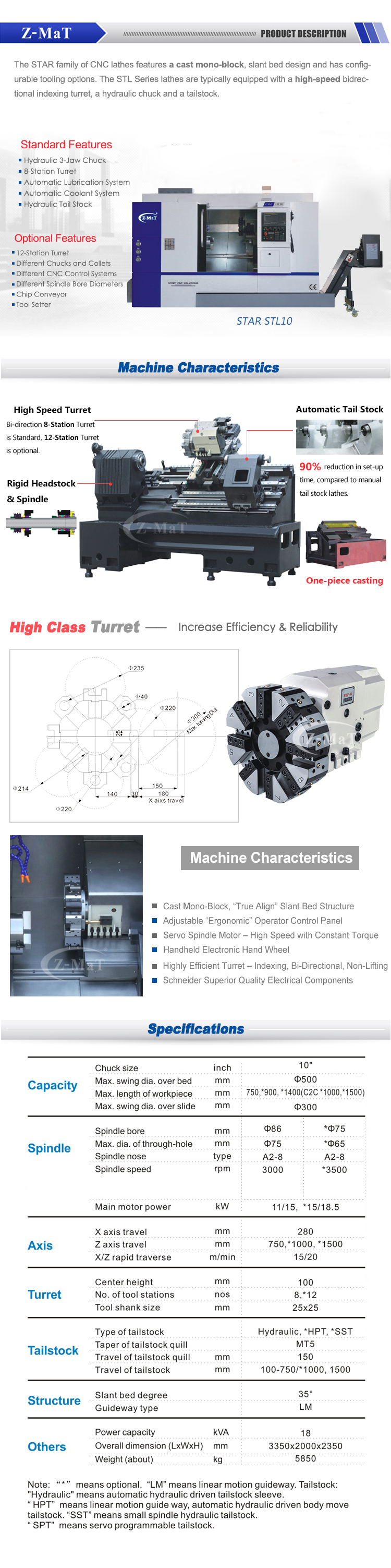 Technical diagram and detailed specifications for the STL10 CNC lathe