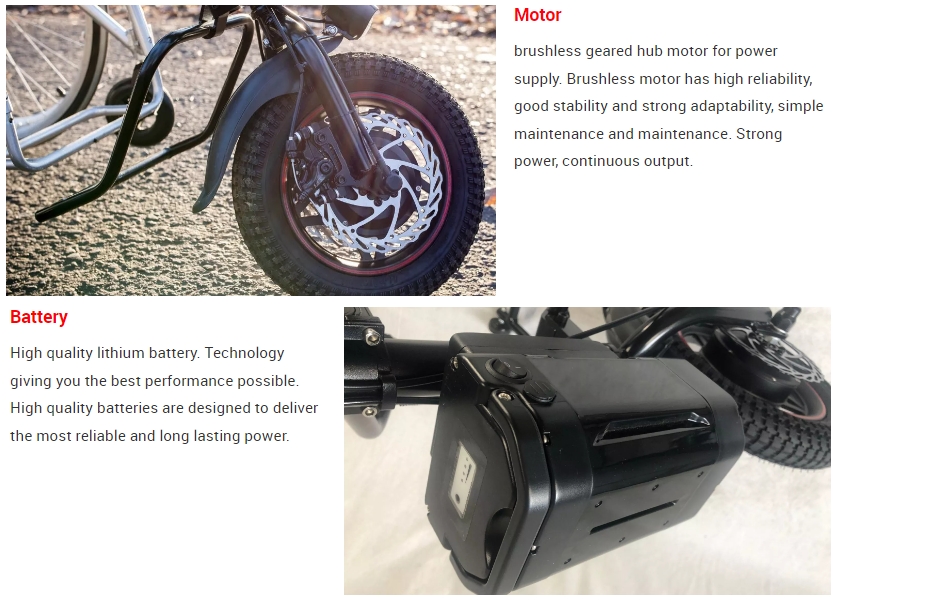 Close up of the brushless geared hub motor and lithium battery assembly