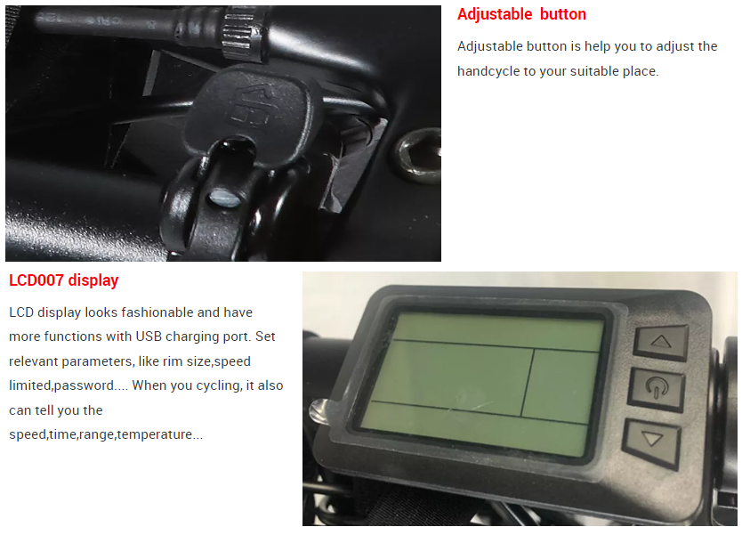 LCD display interface showing USB port and adjustment buttons