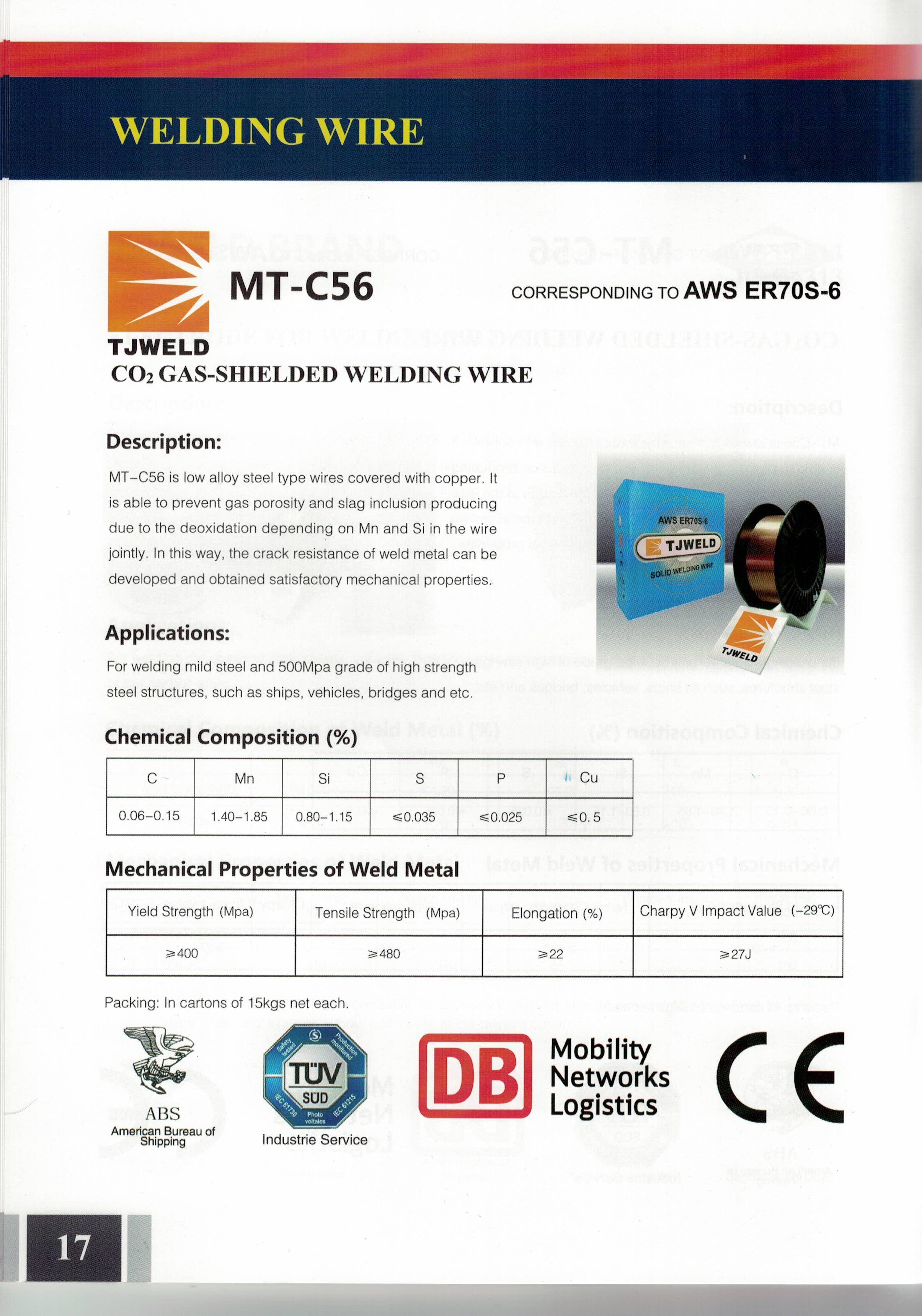 Technical specification sheet for CO2 gas-shielded welding wire