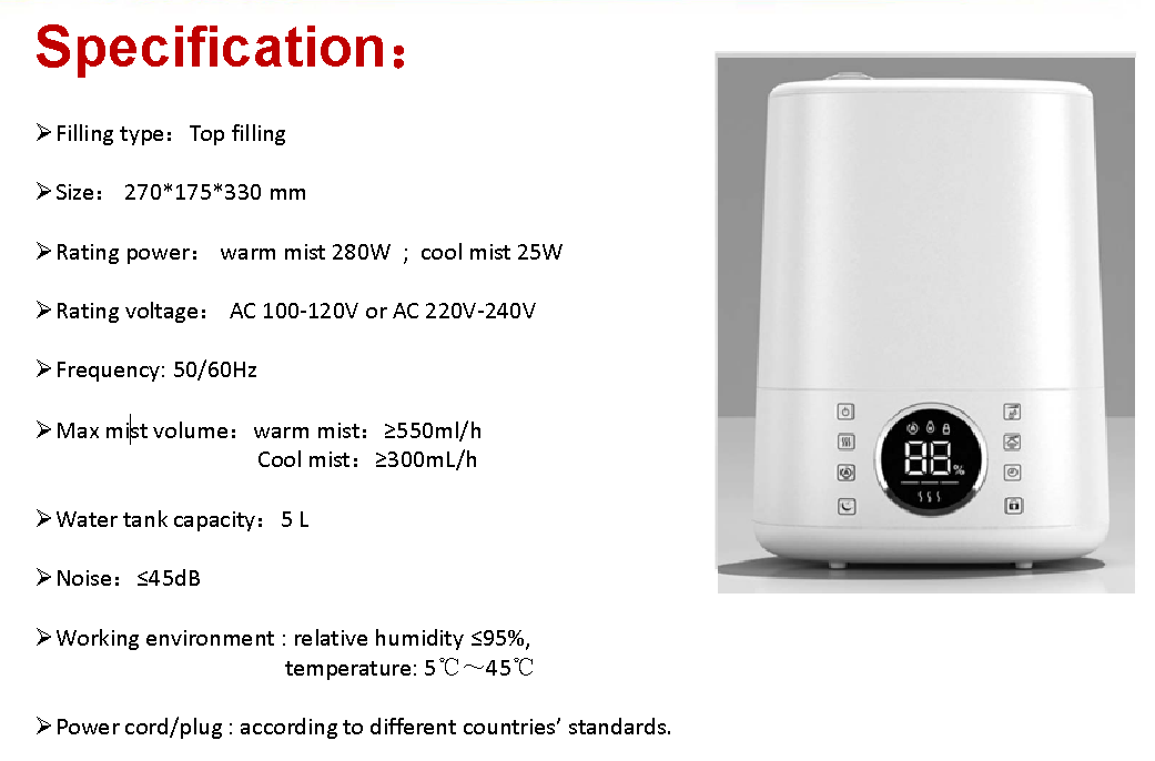 Technical specification sheet for Hybrid Humidifier