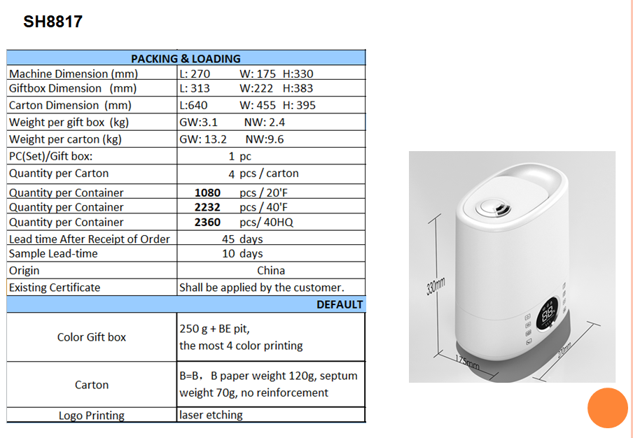 Packaging and loading information for SH8817 Humidifier