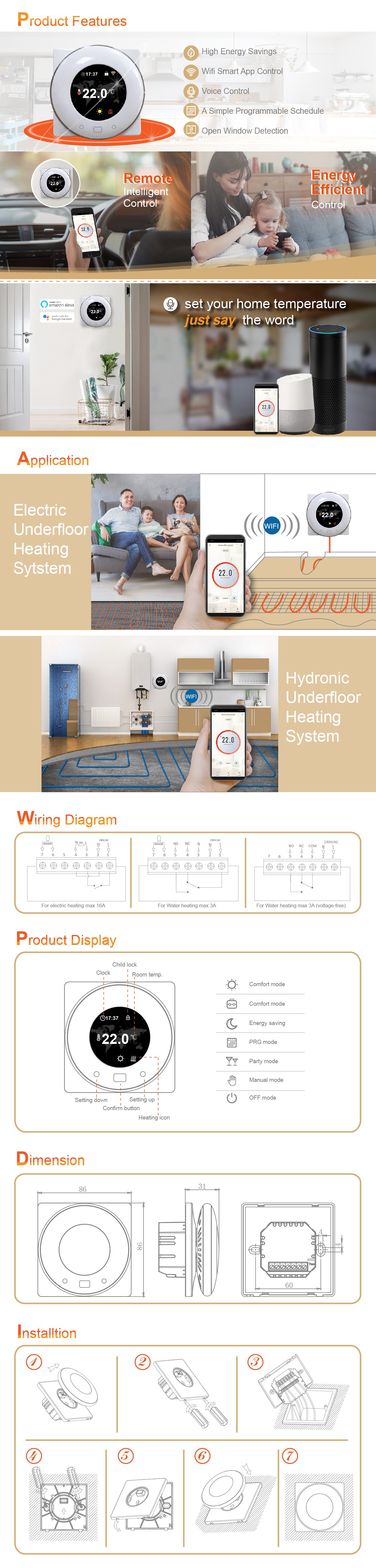 Product features and wiring diagram for WiFi thermostat
