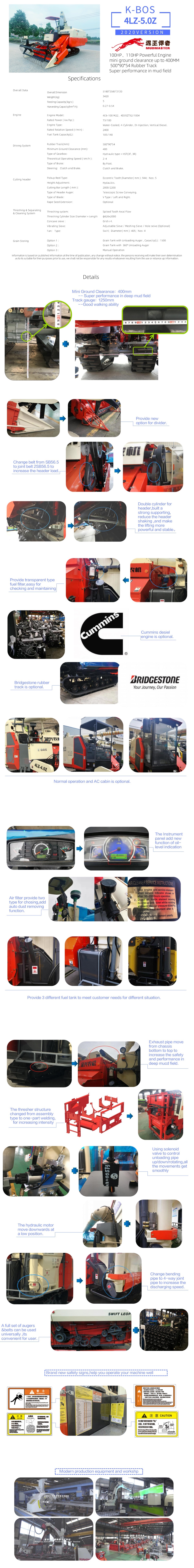 Technical diagram and feature highlights of the 4LZ-5.0Z combine harvester
