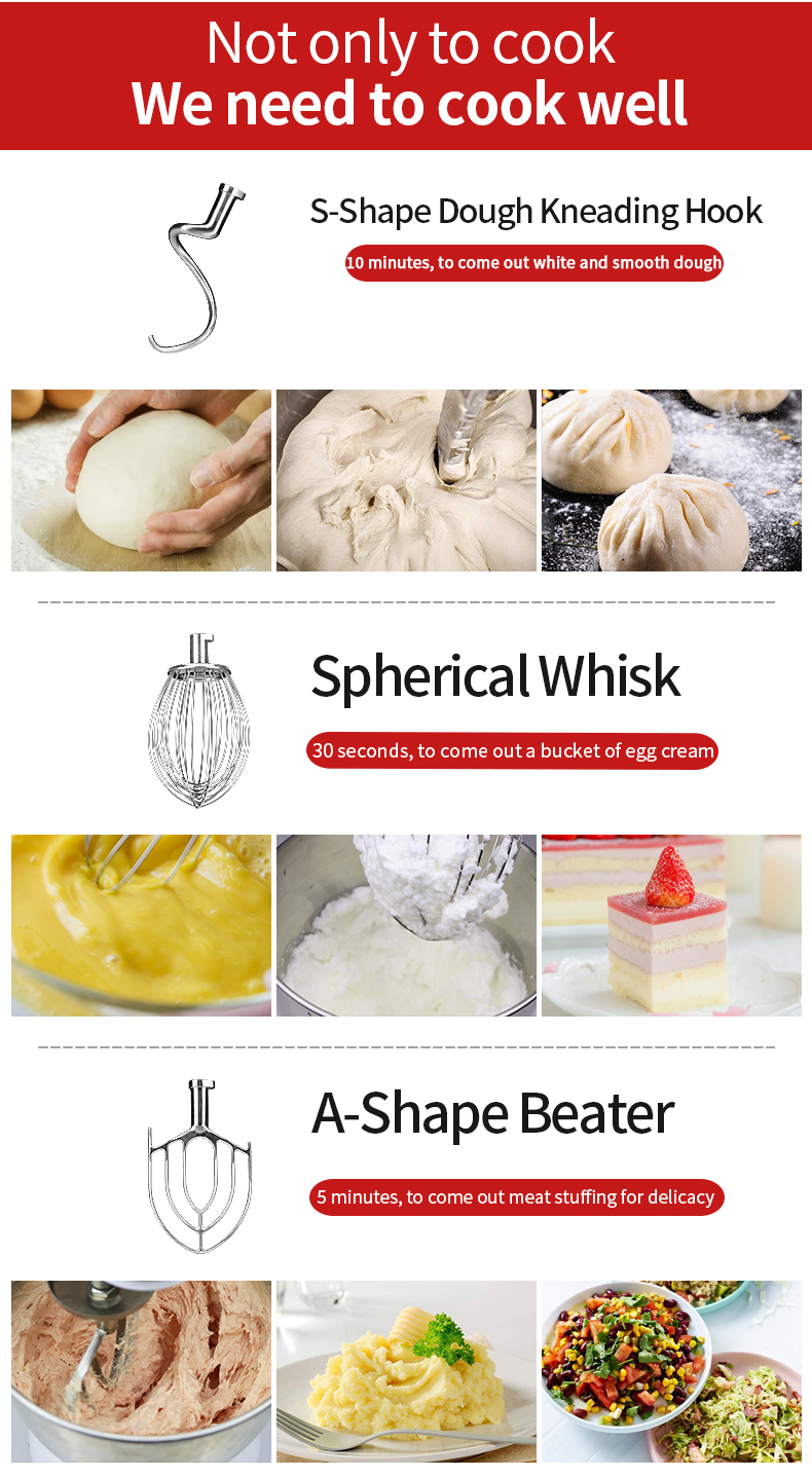 Three mixing attachments: Hook, Whisk, and Beater