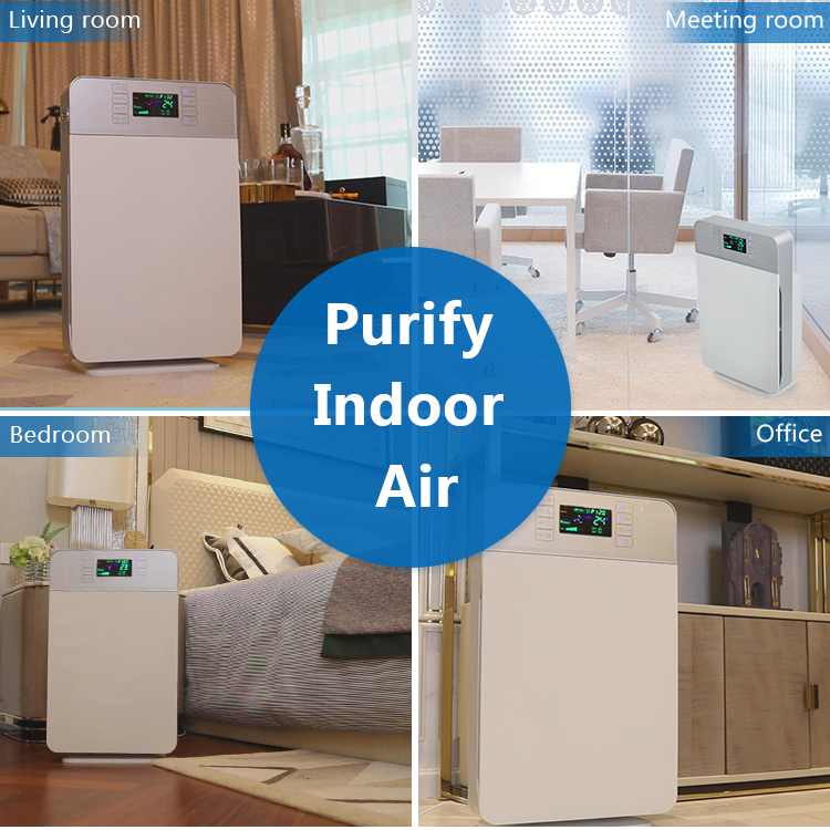 Air purifier in various indoor settings like offices and bedrooms