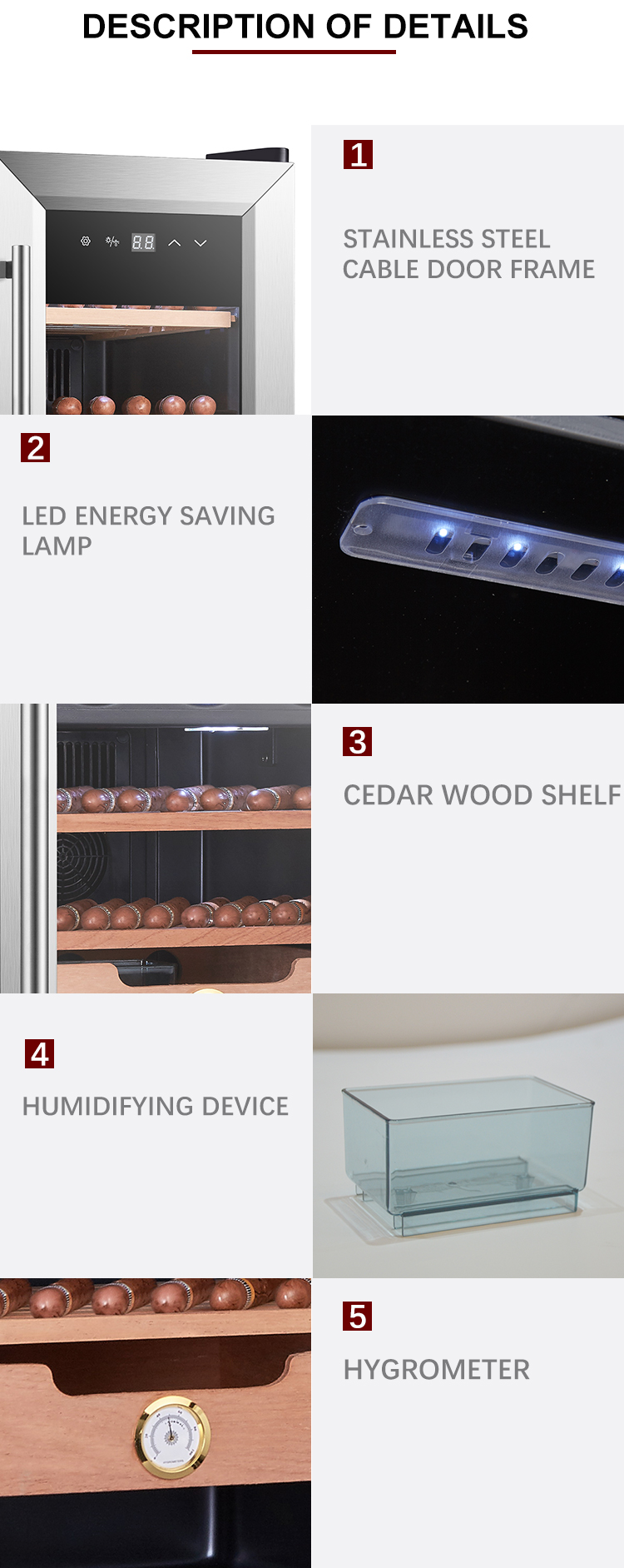 Detailed view of cigar cooler components including cedar shelves and hygrometer