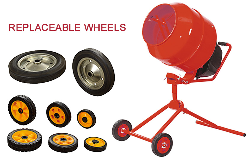 Portable electric concrete mixer with replaceable wheels and steel drum