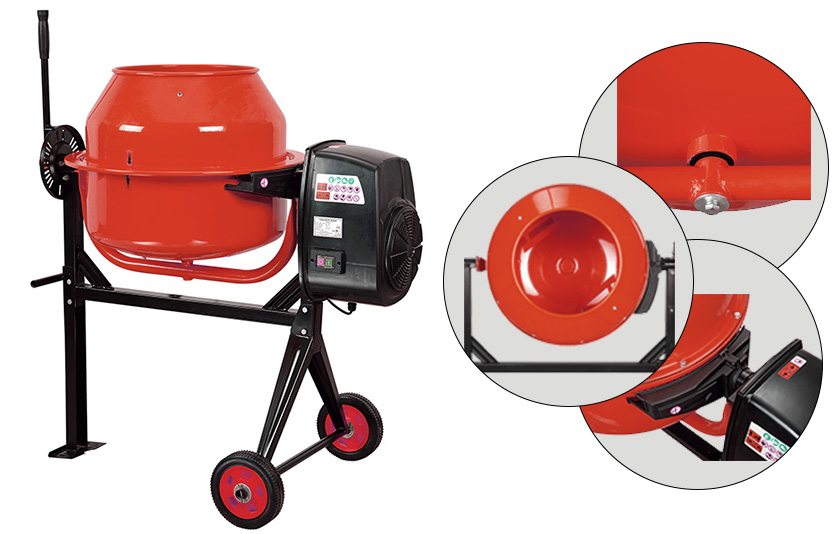 Portable electric concrete mixer with steel frame and tilting drum
