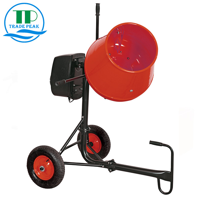 Portable electric concrete mixer with steel drum and large wheels
