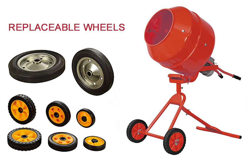 Portable electric concrete mixer with steel frame and replaceable wheels